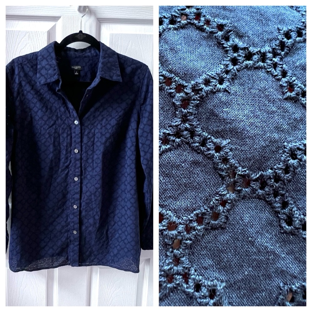 ⭐️ Talbots Navy Blue Eyelet Button Down Top Shirt Woman’s Size X